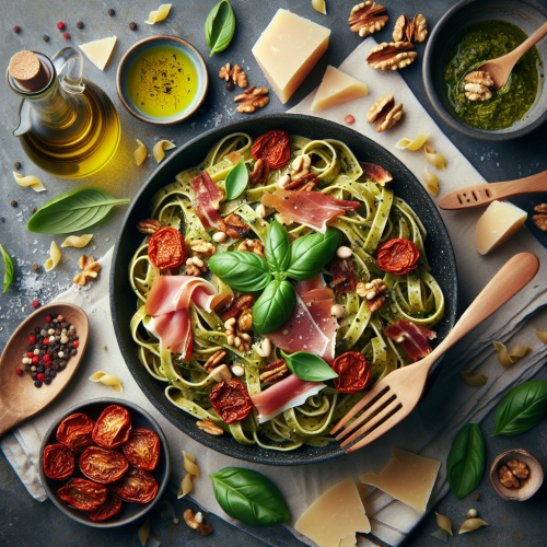 Makaron z pesto, szynką parmeńską i suszonymi pomidorami