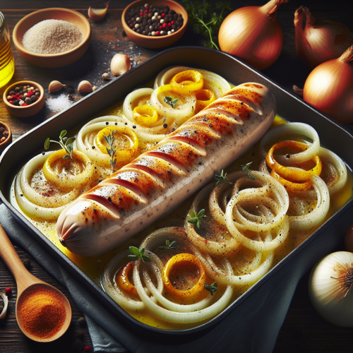 Pieczona biała kiełbasa z cebulą