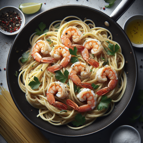 Makaron spaghetti z krewetkami w sosie śmietanowym