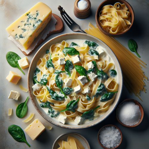 Makaron Tagliatelle w aksamitnym sosie serowym z Gorgonzolą i szpinakiem