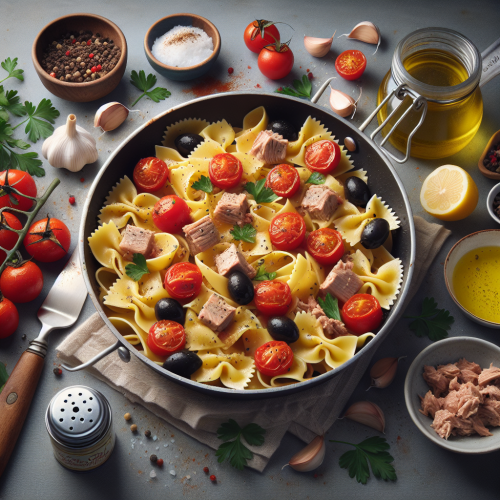 Makaron pappardelle z tuńczykiem i pomidorkami koktajlowymi