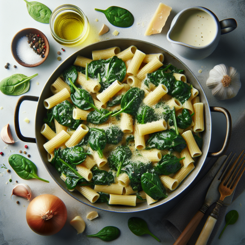 Makaron Rigatoni ze szpinakiem i parmezanem