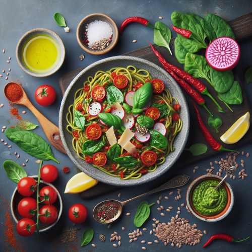 Makaron z czerwonej soczewicy z pesto z liści rzodkiewki