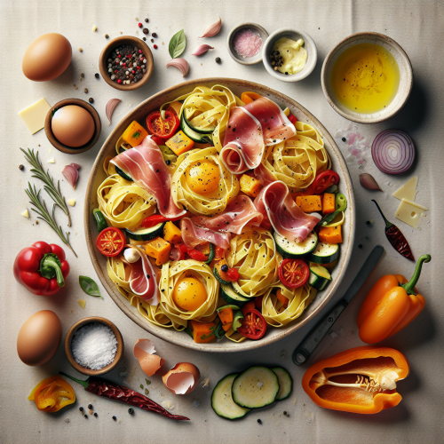 Makaron z warzywami i prosciutto w sosie jajeczno-serowym