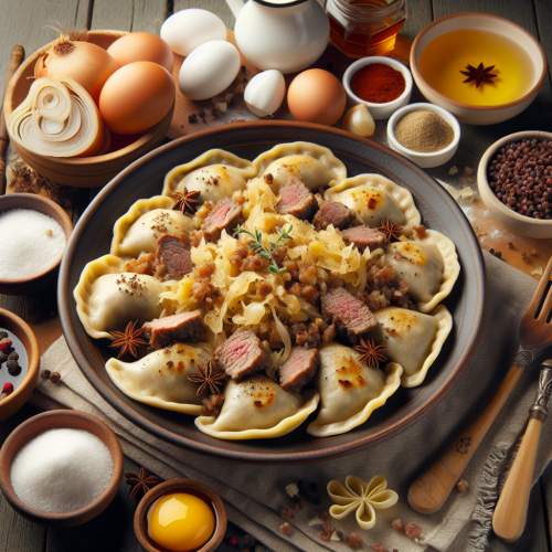 Pierogi z kaszą gryczaną i mięsem na kiszonej kapuście