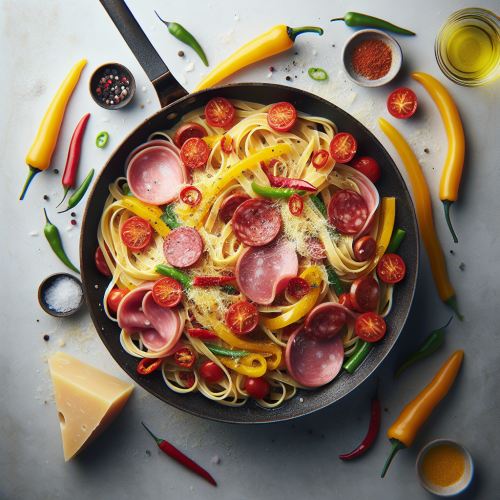 Makaron z szynką, chorizo i warzywami